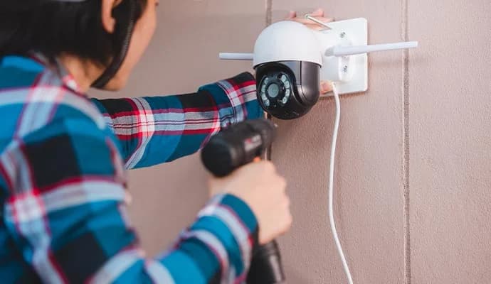 Technician installing a PTZ security camera
