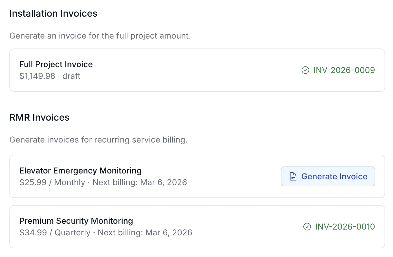 Standara invoice generation showing installation invoices and RMR recurring billing